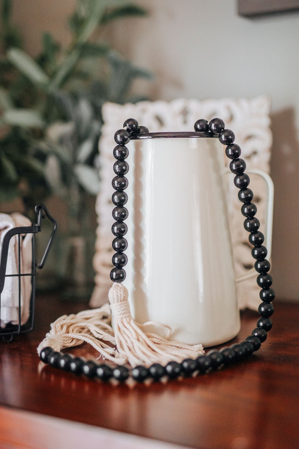 Black Wood Bead Garland with Tassels
