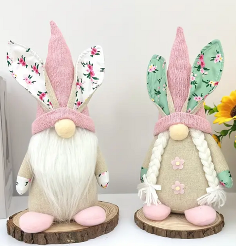 Set of 2-Spring Floral Easter Bunny Gnomes-White and Green