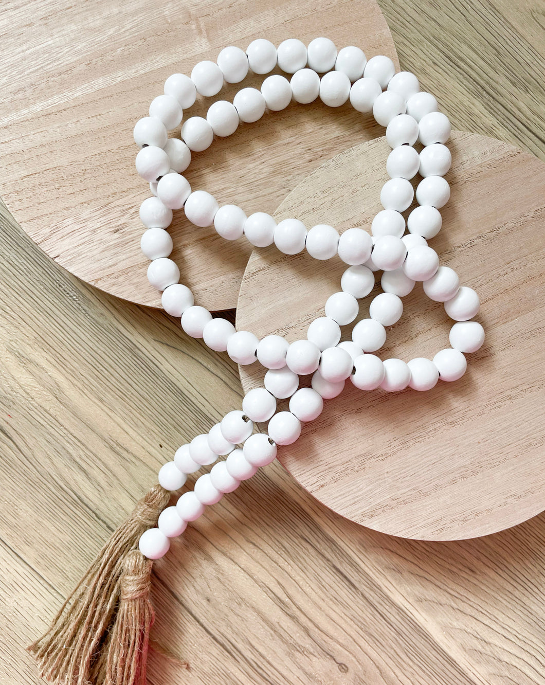White Wood Bead Garland with Tassels