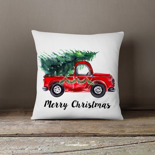 Watercolor Christmas Truck with Fresh Trees-Pillow Cover