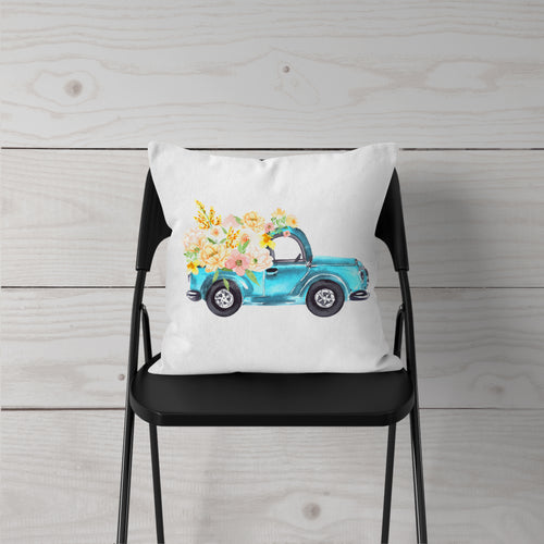 Watercolor-Truck w Spring Flowers-Pillow Cover
