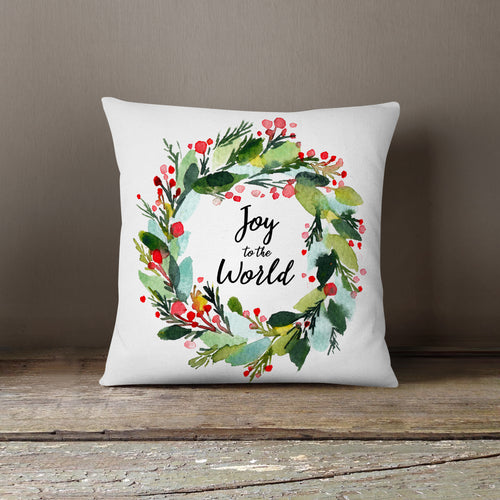 Watercolor Joy to the World Wreath-Pillow Cover