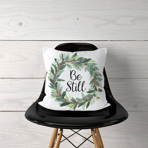 Watercolor-Olive Leaf Be Still Wreath-Pillow Cover