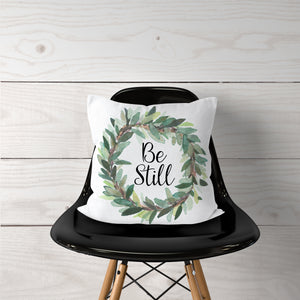 Watercolor-Olive Leaf Be Still Wreath-Pillow Cover